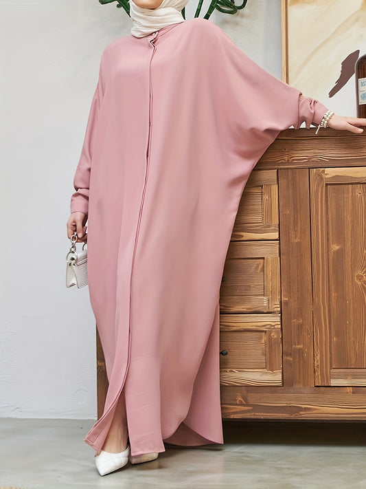 Ramadan Modest Batwing Sleeve Kaftan Dress - Solid Black Loose Fit Maxi Dress with Slit Hem & Button Front, Non-Stretch Fabric for Women, All-Season Versatile Abaya