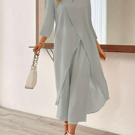 Elegant Women's Two-Piece Set with Cross-Over Detail & Trousers - D&M Boutique