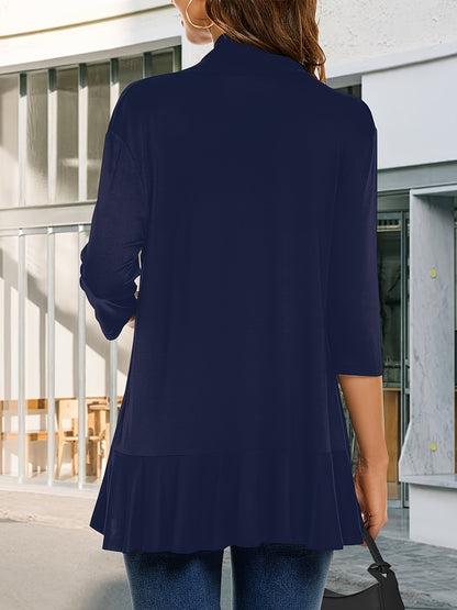 [Lightweight Ruffled Cardigan] Lightweight Women's Light Pink Ruffled Cardigan | Casual Open Front Sweater with Asymmetrical Hem, Long Sleeves, and Button Details for Fall & Winter