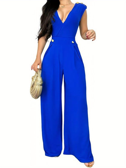 [Everyday Elegance] Elegant Sleeveless V-Neck Jumpsuit for Women - High Waist, Wide Leg, Full Length Romper with Golden Button Details, Black, Casual to Dressy Outfit for Everyday or Special Occasions, Versatile Outfit | Gold