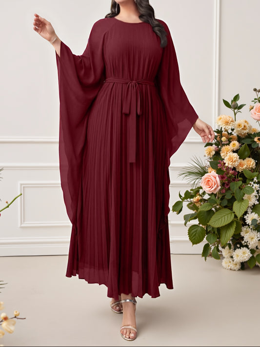 Elegant Maroon Batwing Sleeve Maxi Dress with Tie-Waist Detail - Long Sleeve, A-Line Silhouette, Round Neck, Perfect for Spring/Summer/Fall, Adult Women'S Fashion, Casual Elegant Wear | Batwing Sleeve Dress | Polyester Fabric