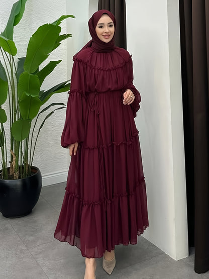Women's Casual Fashionable Date Vacation Middle Eastern Muslim Minimalist Solid Color Soft Lace Design Long Elegant Dress with Belt