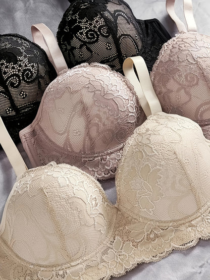 3pcs Solid Lace Underwire Bra, Sexy Comfy Push Up Breathable Bra, Women'S Lingerie & Underwear