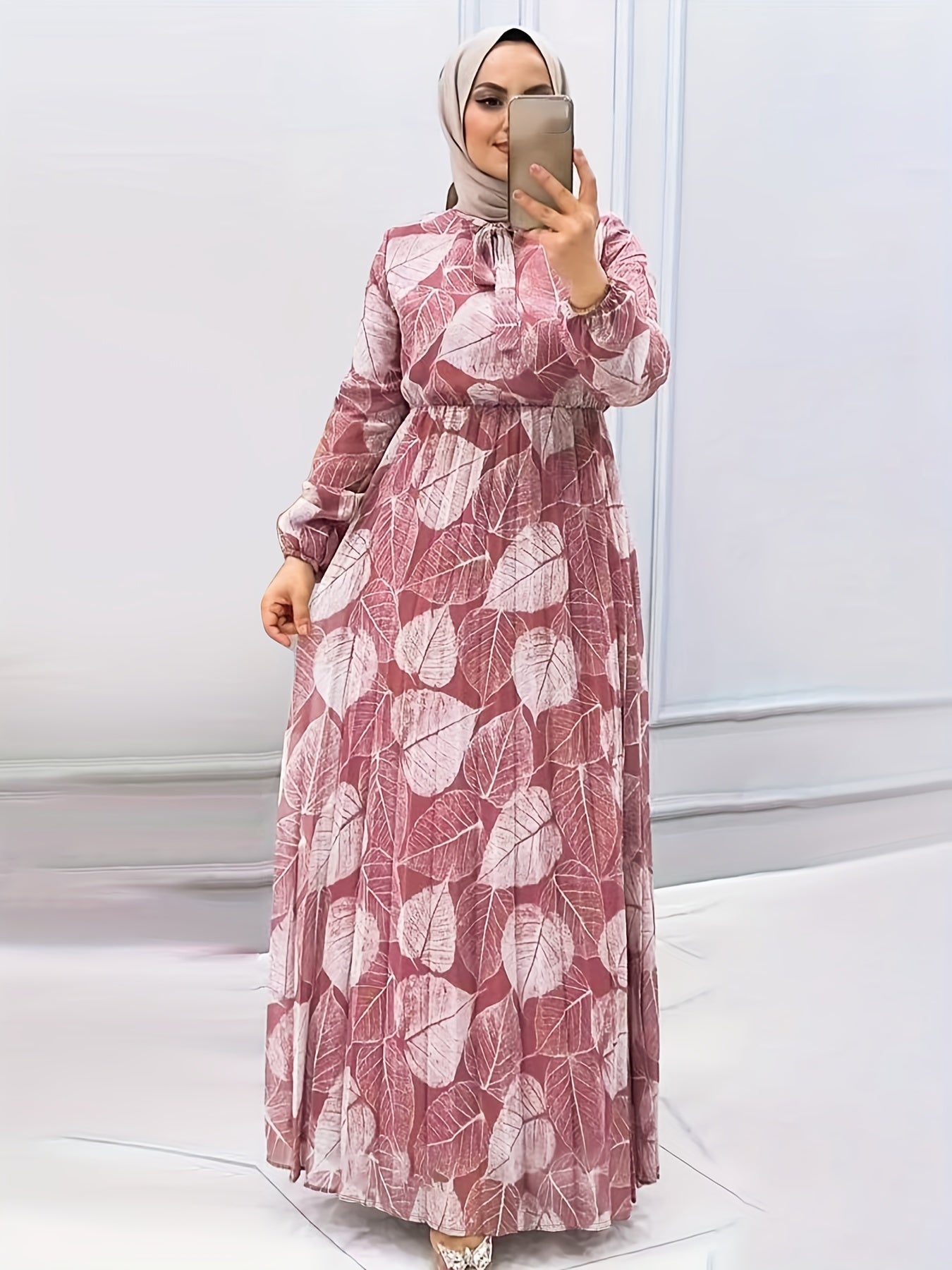 [Modest Wear Muslim Dress] Modest Wear Muslim Dress - Black & White Leaf Print Long Sleeves Polyester Blend - Pleated Waist Design, Machine Washable for All Seasons