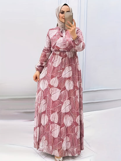 [Modest Wear Muslim Dress] Modest Wear Muslim Dress - Black & White Leaf Print Long Sleeves Polyester Blend - Pleated Waist Design, Machine Washable for All Seasons