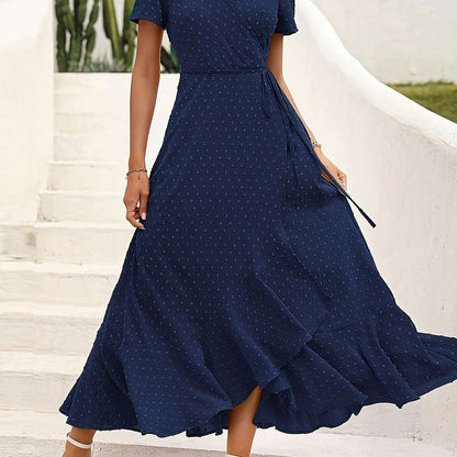 Elegant Women's Swiss Dot Surplice Neck Maxi Dress - D&M Boutique 