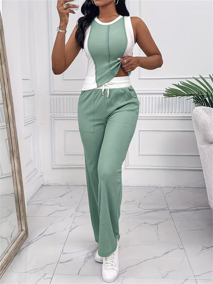 Casual Color Block Pantsuit – Drawstring Waist Set