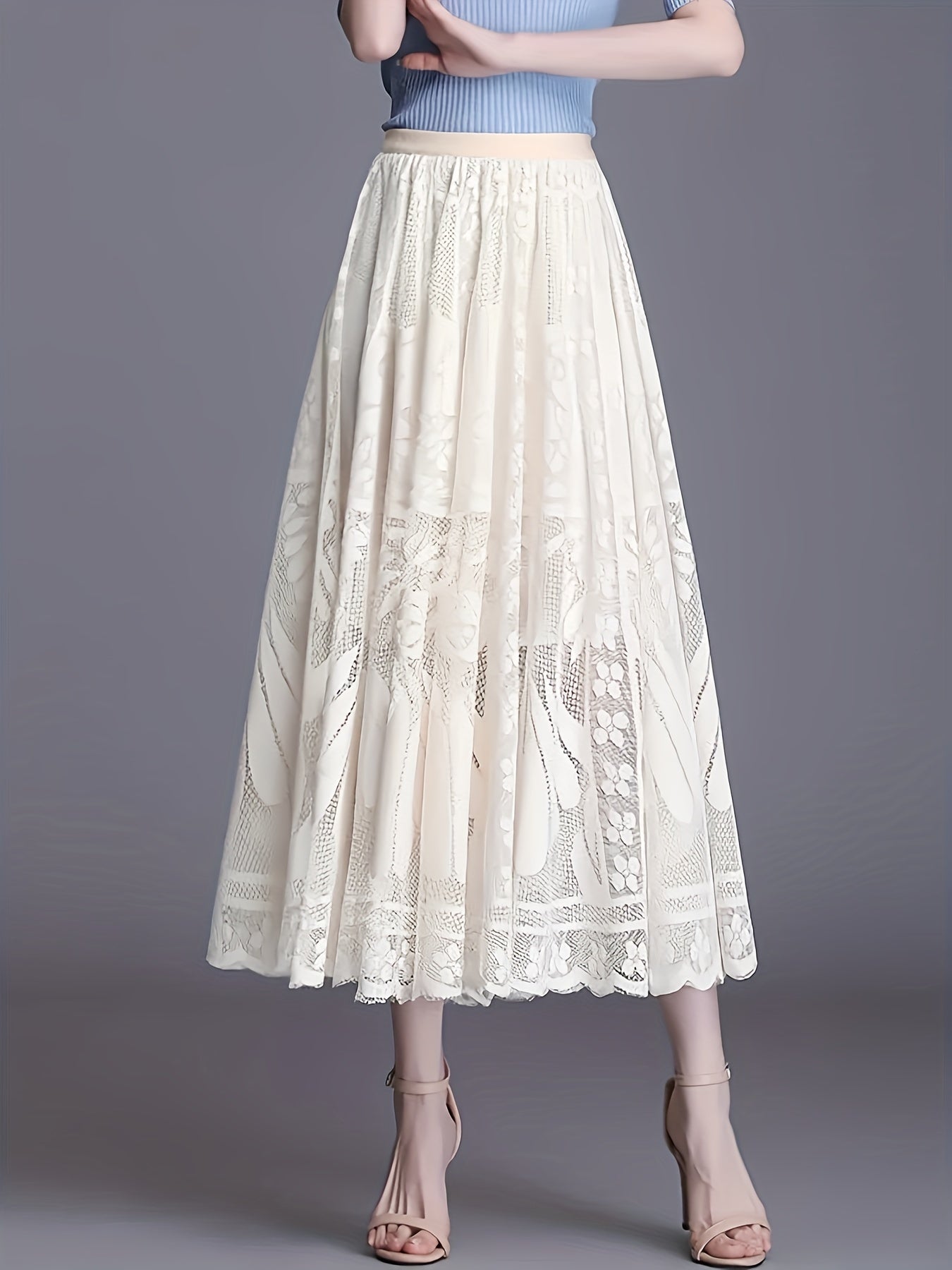 Elegant Women's A-Line Lace Skirt - Long Pleated Design with Intricate Floral Patterns, Lightweight Polyester, Ideal for Spring/Summer/Fall Events, Spring Summer Fashion|Aline Skirt|Polyester Fabric
