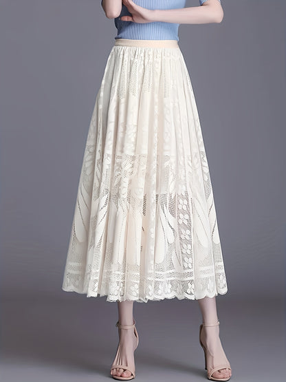 Elegant Women's A-Line Lace Skirt - Long Pleated Design with Intricate Floral Patterns, Lightweight Polyester, Ideal for Spring/Summer/Fall Events, Spring Summer Fashion|Aline Skirt|Polyester Fabric