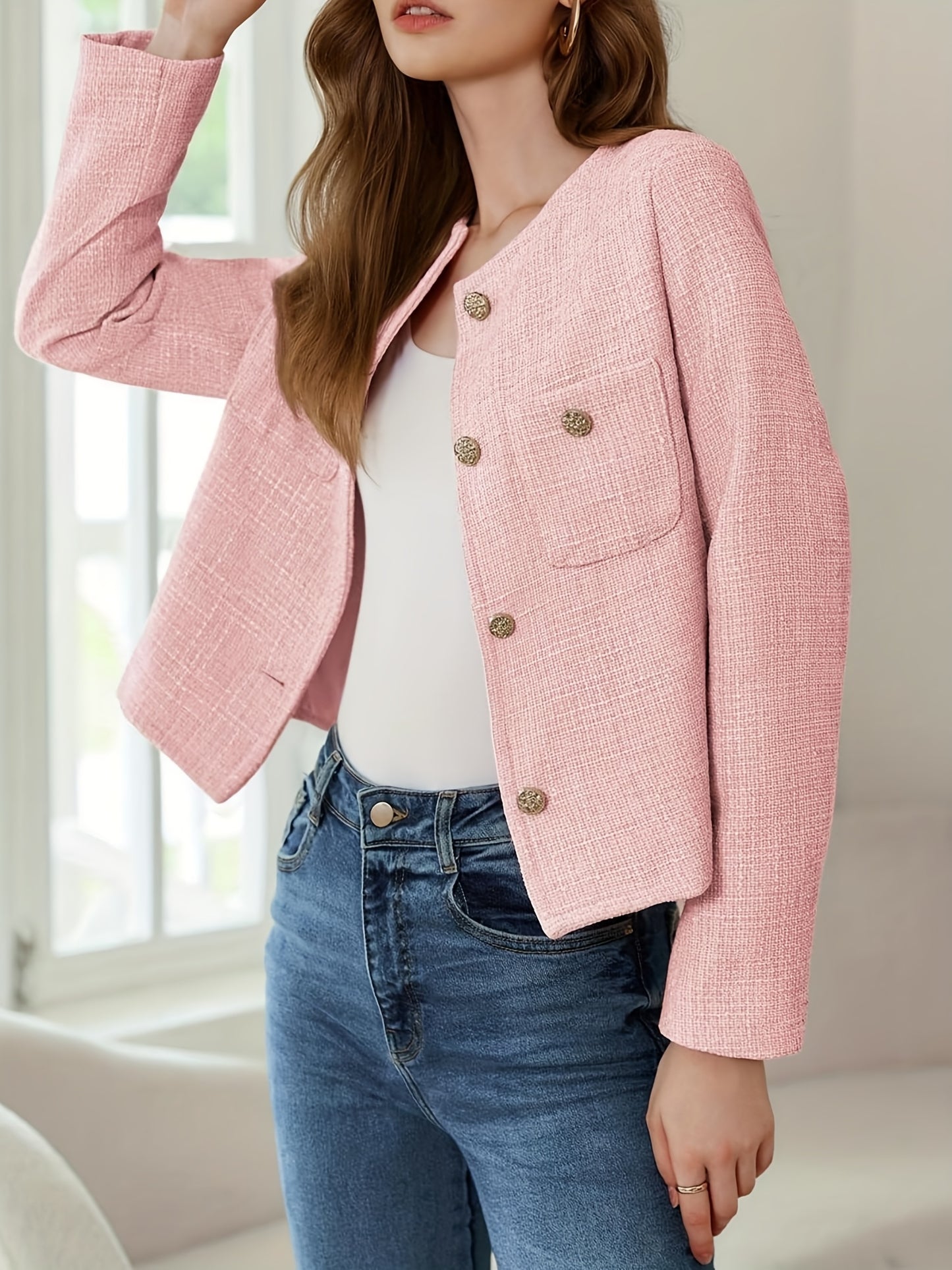 [Office Ready] Women's Elegant Purple Tweed Jacket - Long Sleeve Button Cropped Blazer with Pockets, Soft Polyester Fabric, Perfect for Fall/Winter Business Casual Style, Business Casual Wear | Buttonup Jacket | Textured Twee