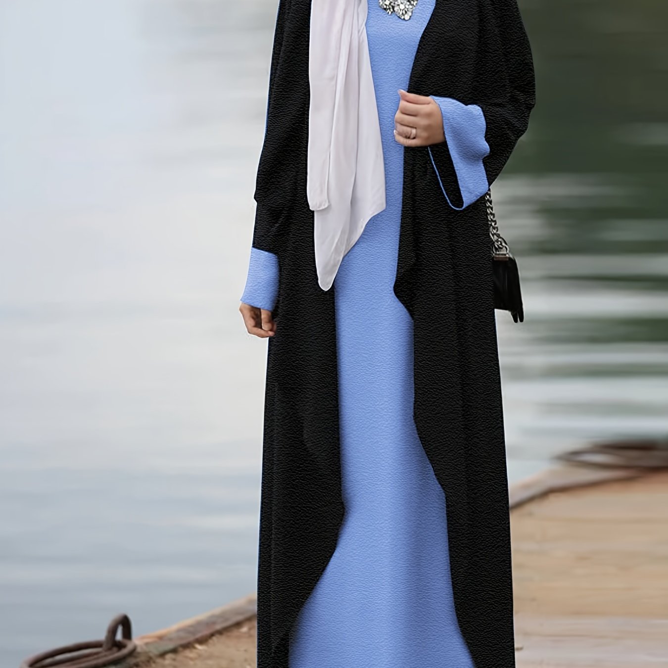 Women's Muslim Long Dress Set - Solid Color, Two-Piece, Includes Robe Jacket