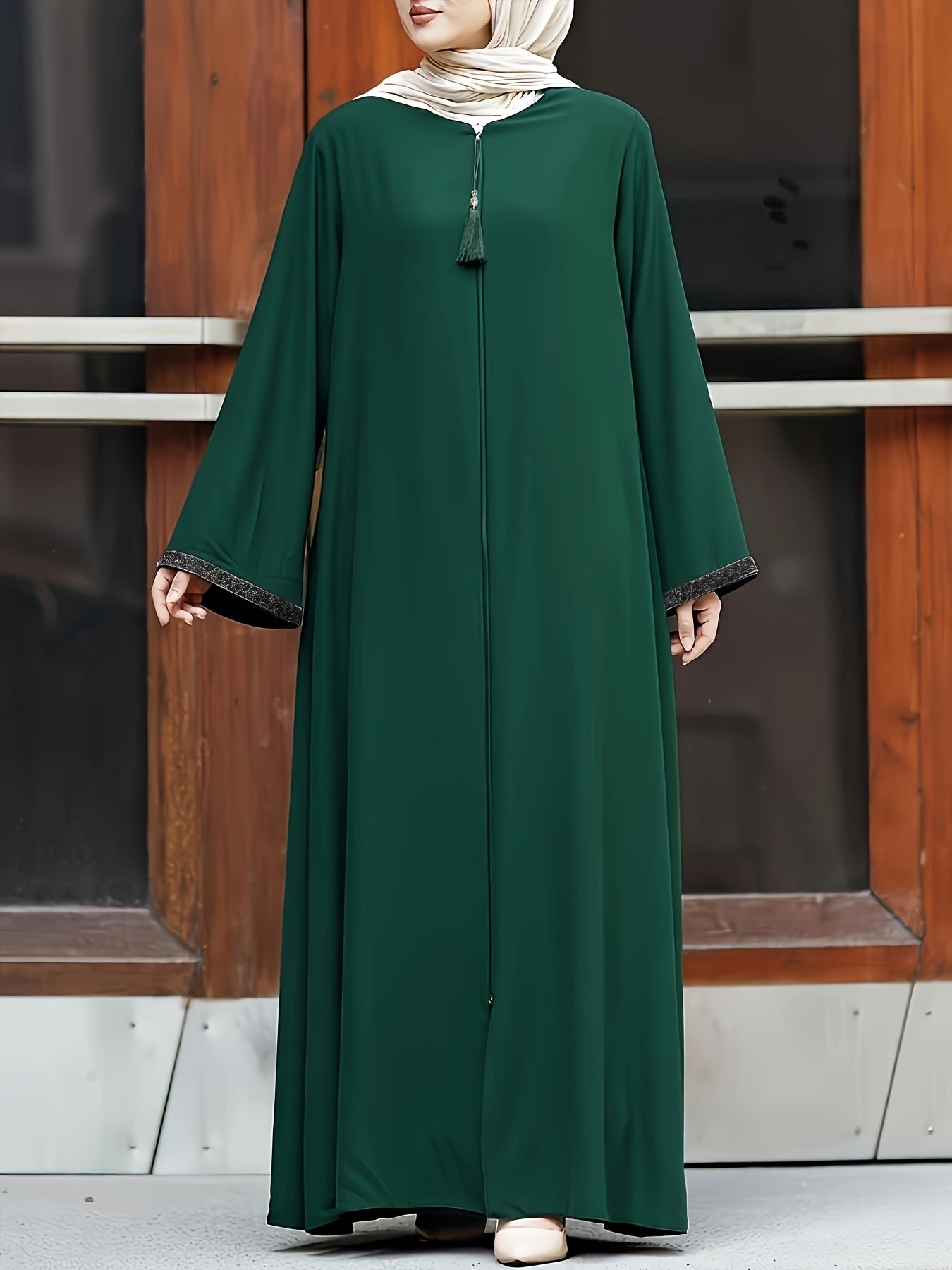 [Elegant Long Tassel Robe] Polyester Elegant Long Tassel Robe - Rhinestone Detail, Zip Closure, Machine Washable, Solid Color, Middle Eastern Style