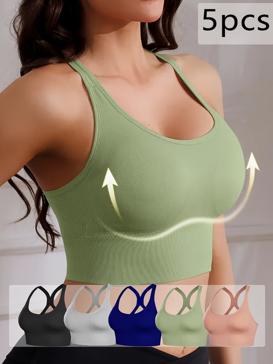 5pcs Women's X-Back Sports Bras with Removable Pads - Wire-Free Breathable High-Impact Workout Tops, Adjustable Straps & Full Coverage Support, 10 Color Options (Green, Black, White, Blue, Navy, Pink, Grey, Beige, Brown, Purp