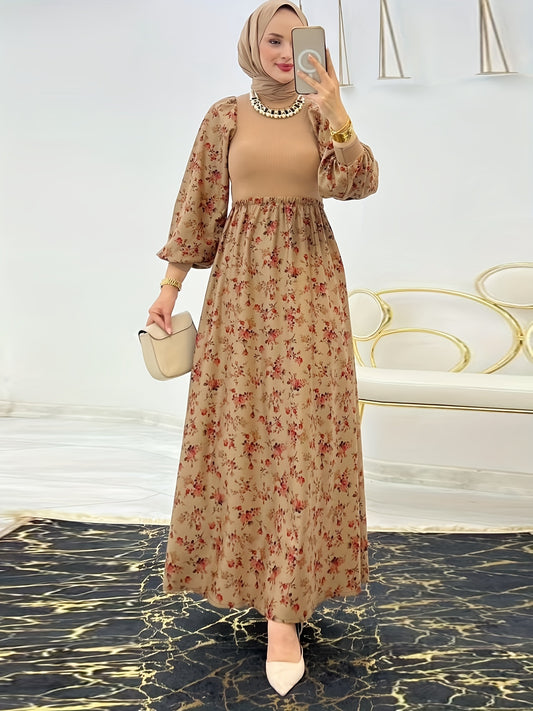 Women's Middle Eastern-Inspired Floral Print Maxi Dress - Polyester-Spandex Blend, Machine Washable, All-Season Versatile Wear, Elegant Casual to Formal Occasion Dress