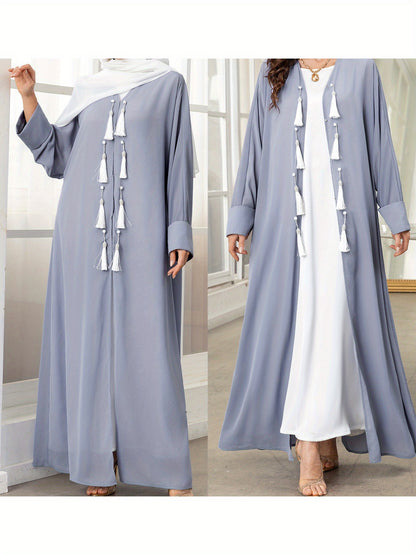 Elegant Gray Long Sleeve Tassel Cardigan - Women’s Loose Fit Caftan Gown for All Seasons, Casual Polyester Robe with Draped Design, Machine Washable
