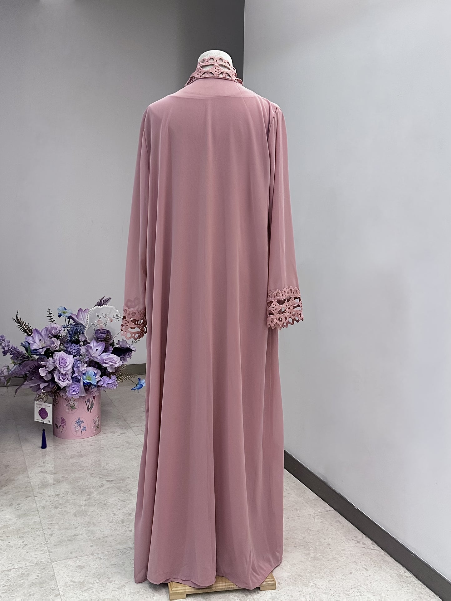 Middle Eastern Muslim Fashion Long Sleeve Embroidered Contrast Lace Patchwork Abaya Dress and Hijab Three-Piece Set