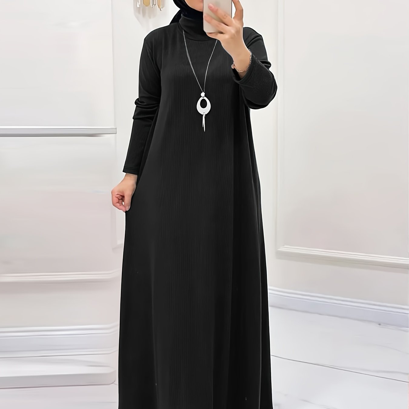 [Polyester Blend Casual Dress] Machine Washable Polyester & Spandex Blend Elegant Solid Color Long Casual Dress for Women - Perfect for All Seasons