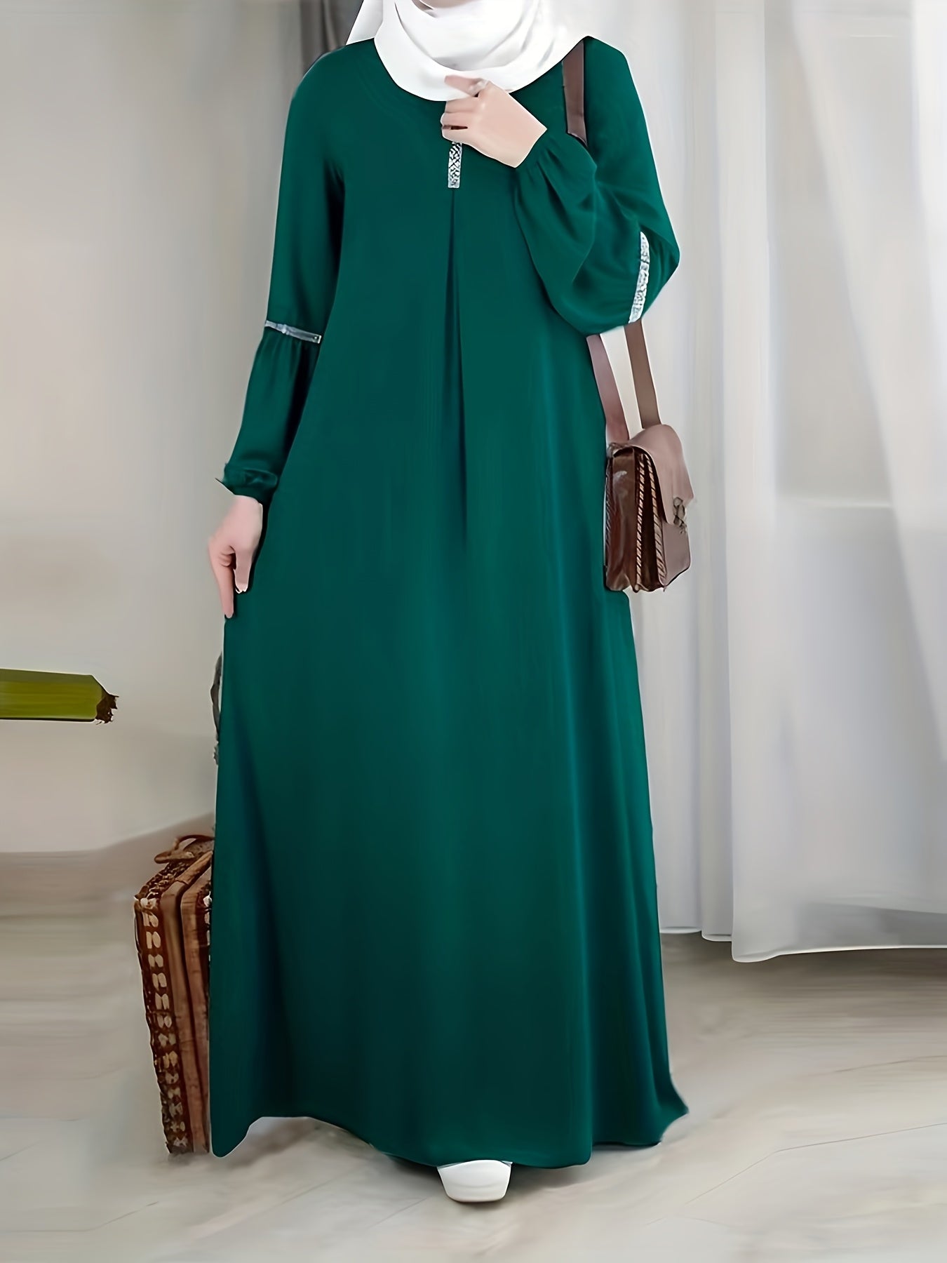 [Elegant Sequin Abaya Dress] Polyester Elegant Sequin Decorative Ladies Abaya Kaldan Dress - Humble Long Sleeves, Round Neck, Perfect For Spring/summer/fall