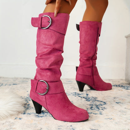 Women's Knee-High Boots with Pointed Toe, Cone Heel, Zip Closure, and Fabric Upper