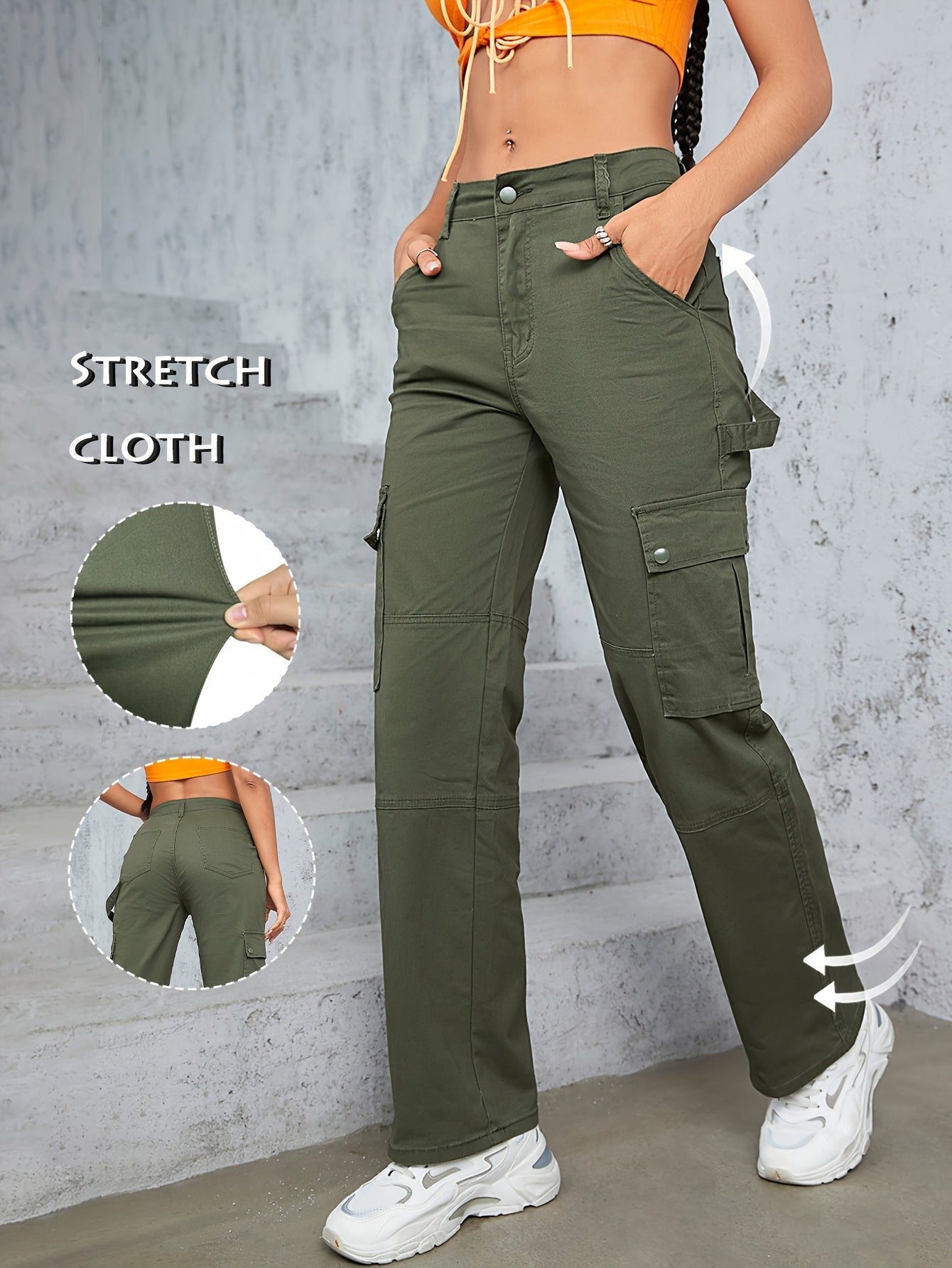 [TL812 High-Waisted Cargo Jeans] TL812 Women's High-Waisted Cargo Jeans | Stretchy Non-See-Through Olive Green Y2K Retro Streetwear Pants with Multiple Utility Pockets | Wide-Leg Fit for Concerts, Festivals, Everyday | Machin