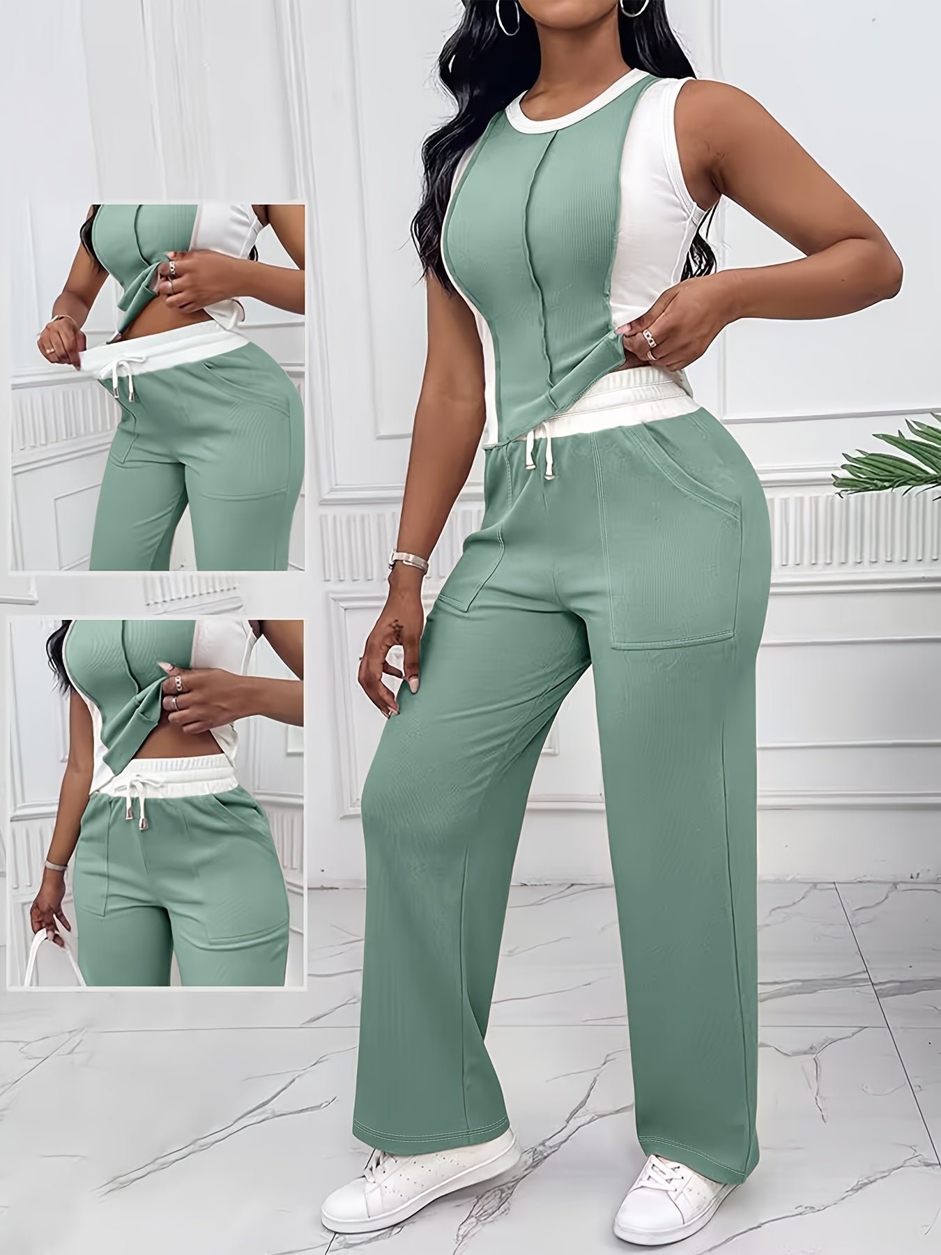 Casual Color Block Pantsuit – Drawstring Waist Set