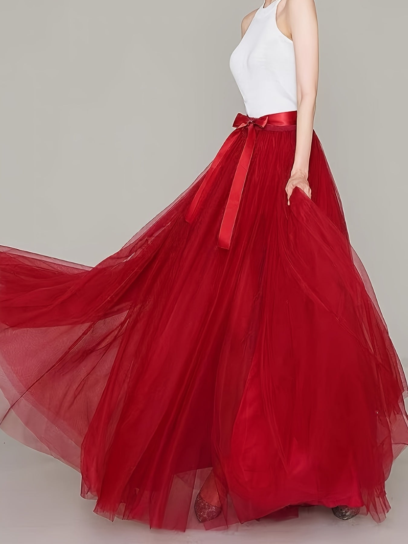 [Elegant Maxi Skirt] Red Elegant High-Waist Tulle Maxi Skirt | Asymmetrical Hem, Solid Color Polyester Lined, All-Season Mesh A-Line Skirt with Elastic Waistband, Formal Event Attire, Flowing Design, Polyester Lining