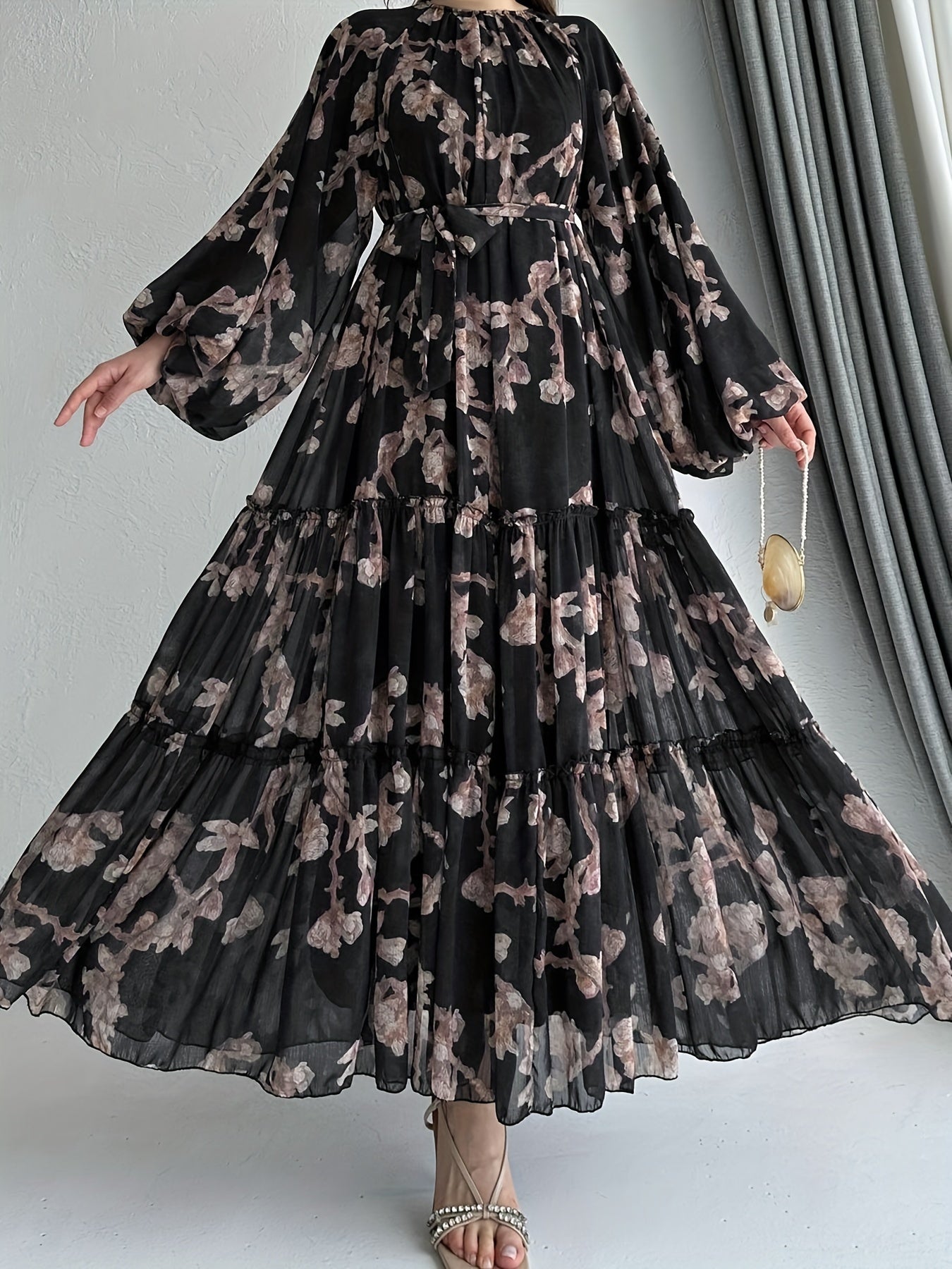 Women'S Elegant Black Floral Print Maxi Dress with Belt - Perfect for All Seasons, All-Season Dress | Floral Print Dress | Ruffled Hemline, Dress