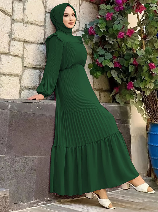 Women's Middle Eastern Muslim Abaya Kaftan Dress - Modest Long Sleeve Ruffled Hem Solid Color Traditional Dress with Belt, Machine Washable All-Season Casual Wear, Modest Apparel | Soft Texture