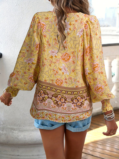Floral Print V Neck Blouse, Casual Drawstring Long Sleeve Blouse For Spring & Fall, Women'S Clothing