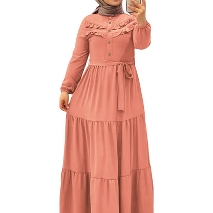 [Light Green Maxi Dress] Casual Light Green Polyester Maxi Dress - Elegant Solid Color with Ruffle Hem & Button Detail, Machine Washable - Hijab Not Included