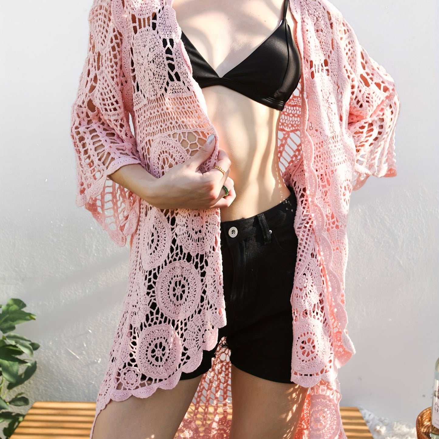 [Boho Crochet Cardigan] Boho Crochet Duster Cover for Women | Black & White Contrast Mesh Design, Open Front Summer Cardigan, Versatile Layering Piece, Casual or Stylish Outfits