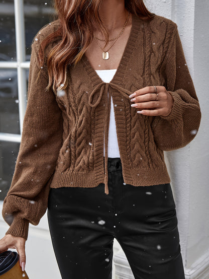 Long Sleeve Solid Color Polyester Cardigan - Elegant Casual Knit Sweater with V-Neck, Tassel Detail, and Drawstring for All Seasons