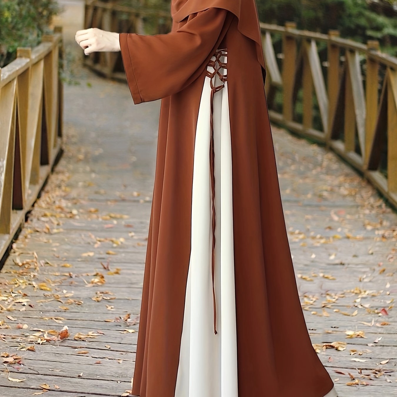 1pc Muslim Abaya Dress Long Sleeve Loose Fit A-Line with Black & White Color-Blocking & Orange Accents - Middle Eastern Elegance Adjustable Side Drawstring for Prayer, Casual, All-Season Wear (No Headscarf Included), Muslim D
