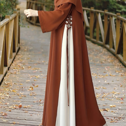 1pc Muslim Abaya Dress Long Sleeve Loose Fit A-Line with Black & White Color-Blocking & Orange Accents - Middle Eastern Elegance Adjustable Side Drawstring for Prayer, Casual, All-Season Wear (No Headscarf Included), Muslim D