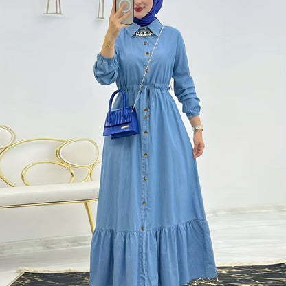 [Stylish Dress] Stylish Blue Women's Button-Up Dress | Long Sleeve, Ruffle Detail, Front Pocket, Drawstring Waist, Casual, All-Season - (Headscarf Not Included)