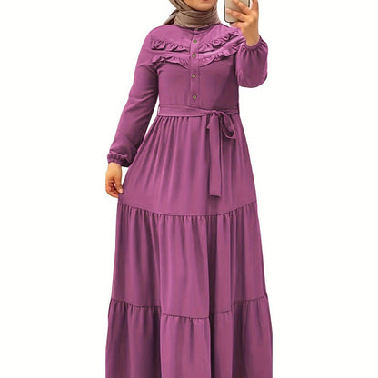 [Light Green Maxi Dress] Casual Light Green Polyester Maxi Dress - Elegant Solid Color with Ruffle Hem & Button Detail, Machine Washable - Hijab Not Included