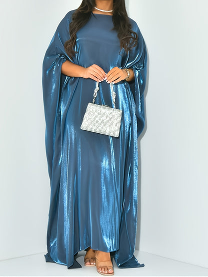 Elegant Sparkling Metallic Abaya for Women - One Size, Long Sleeve, Round Neck with Side Slit, All-Season Flowing Maxi Dress, Casual Wear|Shimmering Abaya| Flowing Design