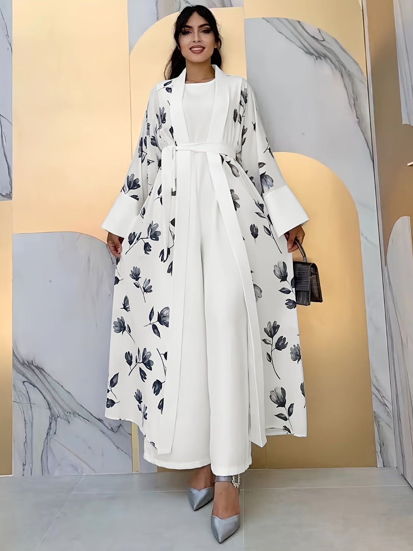 Middle Eastern Muslim Print Jumpsuit Two-Piece Set for Women Without Headscarf