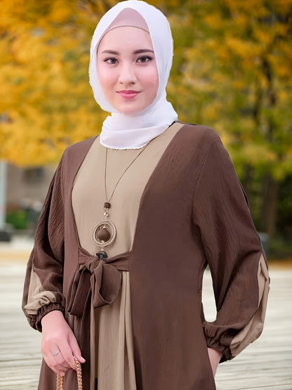 Ramadan Elegant Tie Front Kaftan Dress - Abayas with Long Sleeve, Maxi Length, Color Block Design, Women's Clothing for Special Occasions - Classic, Modest, and Chic Fashion
