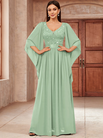 Deep V-Neck Lace Gown – Fit & Flare Sequin Dress