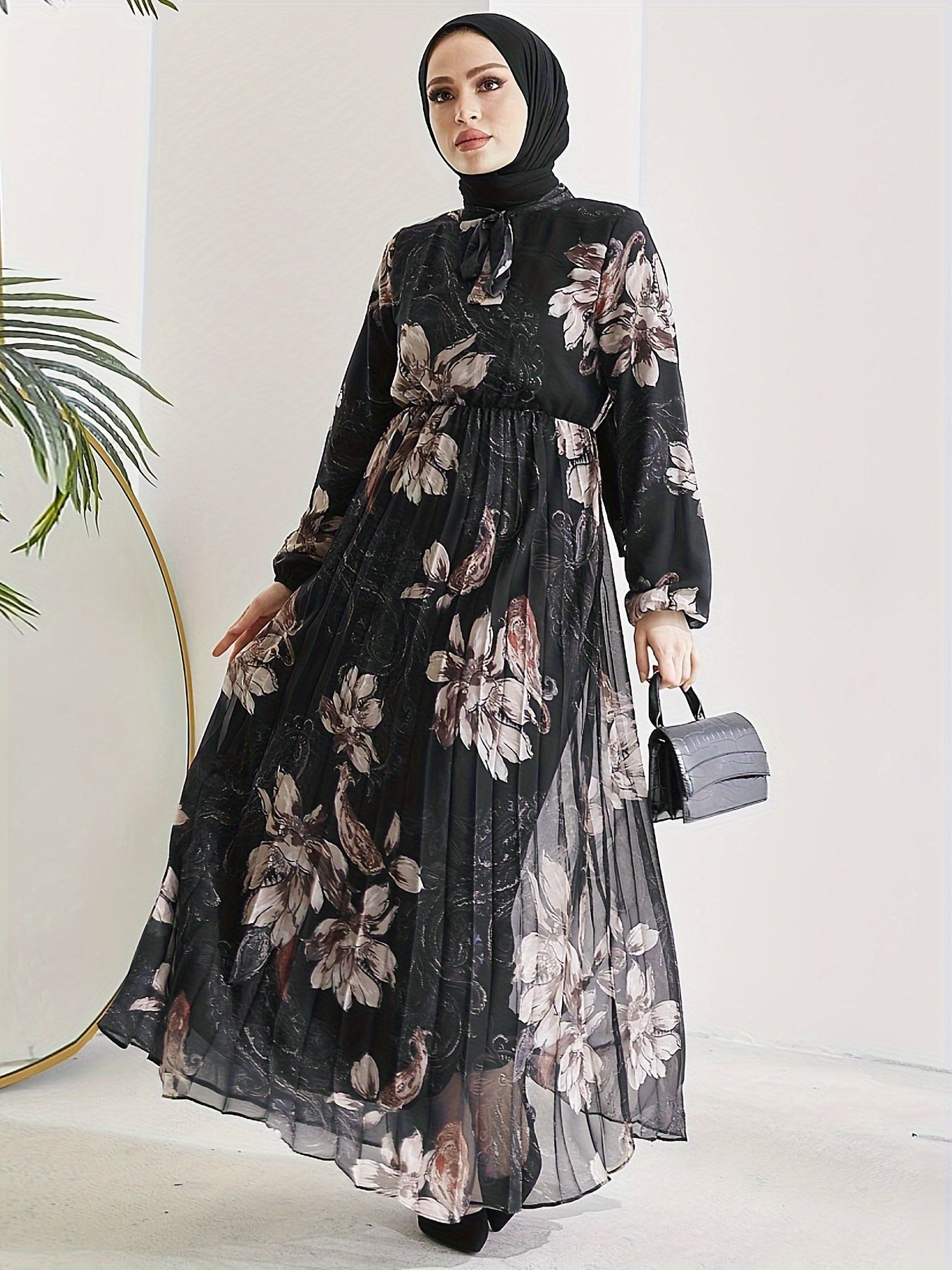 Stunning Floral Print Maxi Kaftan Dress - Modest Long Sleeve, Pleated, Flowy, Polyester, Machine Washable, Random Printing, Middle Eastern Style - Perfect for All Seasons