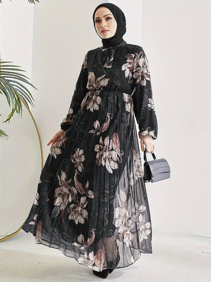 Stunning Floral Print Maxi Kaftan Dress - Modest Long Sleeve, Pleated, Flowy, Polyester, Machine Washable, Random Printing, Middle Eastern Style - Perfect for All Seasons