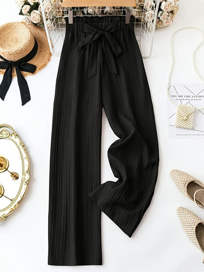 3pcs Women'S Elegant Solid Color Striped Long Pants with Bow Detail - Comfortable Loose Fit, Elastic Waistband, Perfect for Spring & Summer Casual Wear