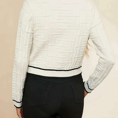 Chic Geometric Print Long Sleeve Cropped Cardigan with Contrast Details