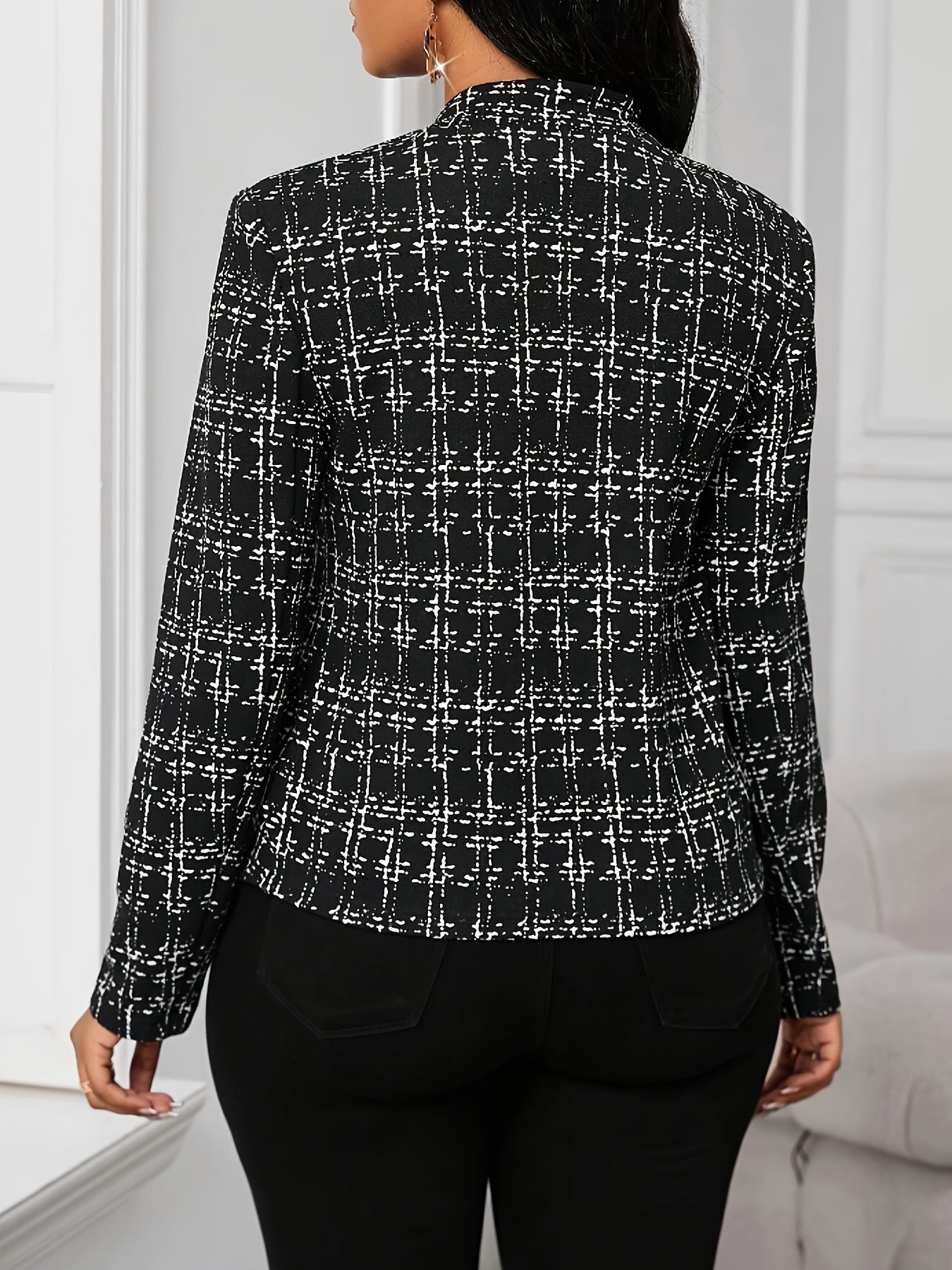 [Elegant Plaid Blazer] Elegant & Versatile Women's Plaid Print Open Front Blazer Jacket | Black & White Grid Pattern, Stand Collar, Machine Washable, All-Season for Casual & Professional Wear, Durable Fabric