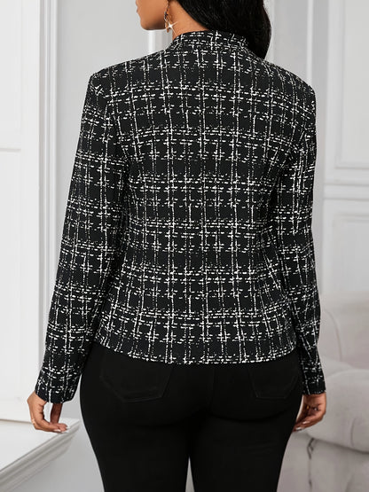 [Elegant Plaid Blazer] Elegant & Versatile Women's Plaid Print Open Front Blazer Jacket | Black & White Grid Pattern, Stand Collar, Machine Washable, All-Season for Casual & Professional Wear, Durable Fabric