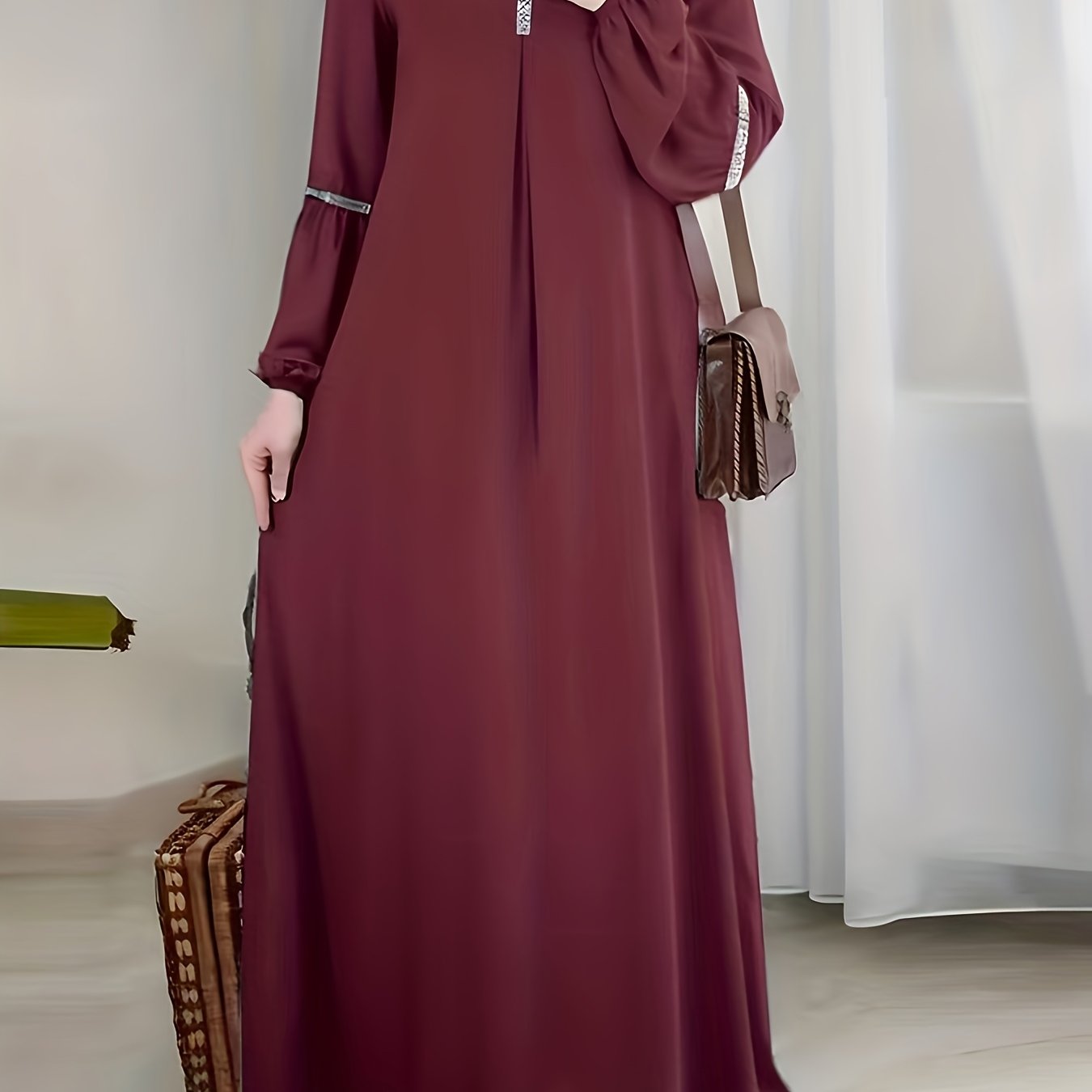 [Elegant Sequin Abaya Dress] Polyester Elegant Sequin Decorative Ladies Abaya Kaldan Dress - Humble Long Sleeves, Round Neck, Perfect For Spring/summer/fall