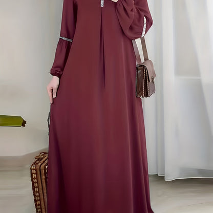 [Elegant Sequin Abaya Dress] Polyester Elegant Sequin Decorative Ladies Abaya Kaldan Dress - Humble Long Sleeves, Round Neck, Perfect For Spring/summer/fall
