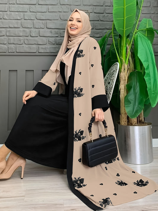 Ramadan Floral Charm - Crew Neck Long Sleeve Kaftan Abaya Dress with Belted Waist - A Stylish Casual Choice for Women, Hijab-Free