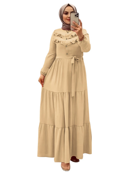[Light Green Maxi Dress] Casual Light Green Polyester Maxi Dress - Elegant Solid Color with Ruffle Hem & Button Detail, Machine Washable - Hijab Not Included